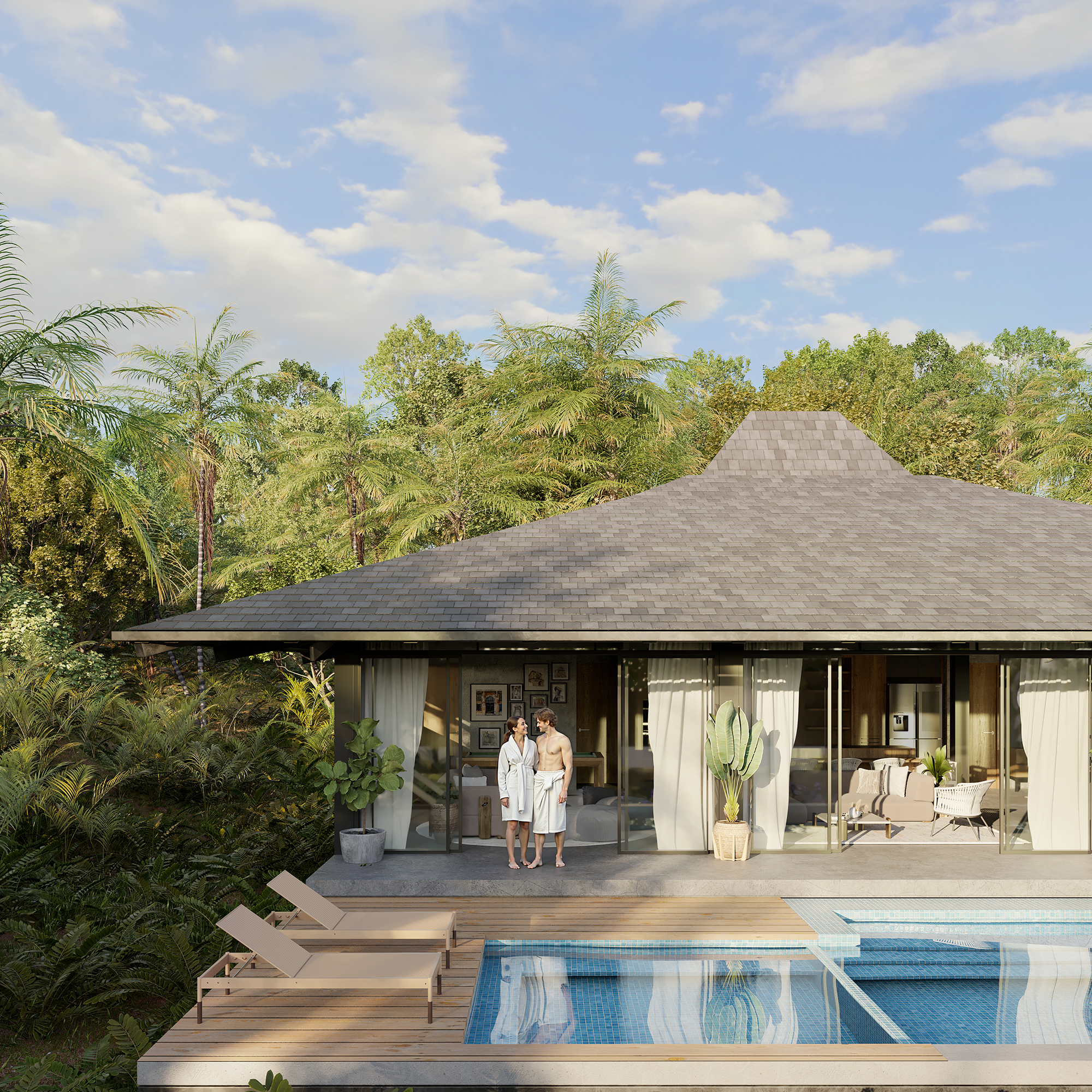 Render exterior de proyecto arquitectonico tropical en panamá, piscina, personas 3d realistas