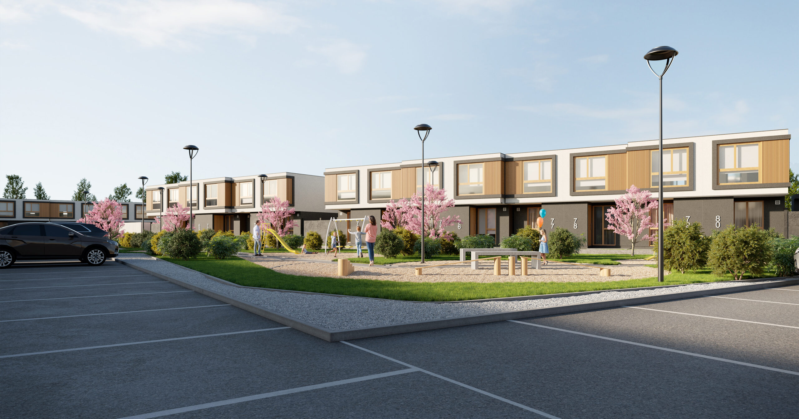 Render exterior de proyecto inmobiliario en santiago de chile, personas 3d realistas, jardines e iluminación de atardecer