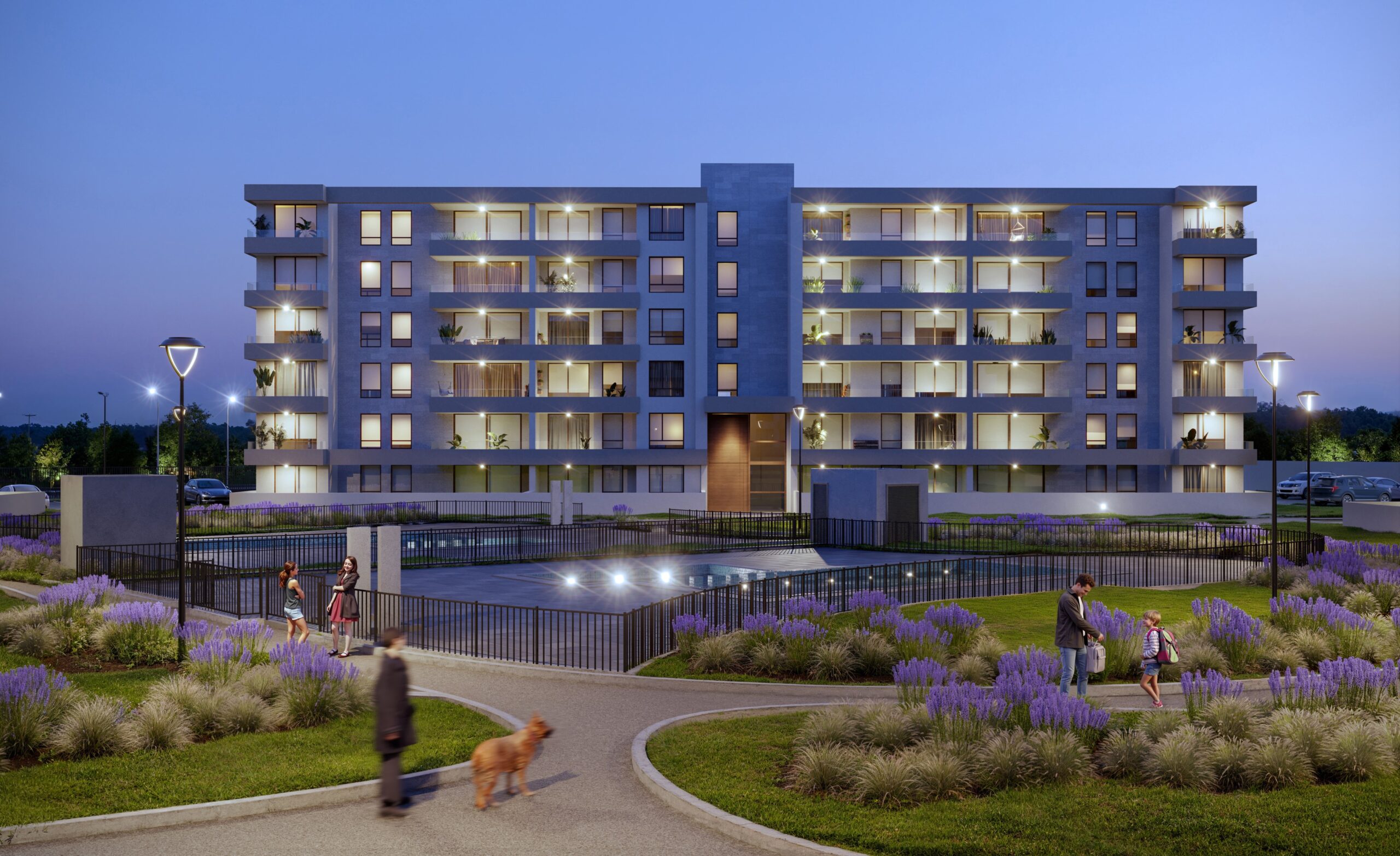 Render exterior de proyecto inmobiliario en santiago de chile, piscina, personas 3d realistas, jardines e iluminación de anochecer
