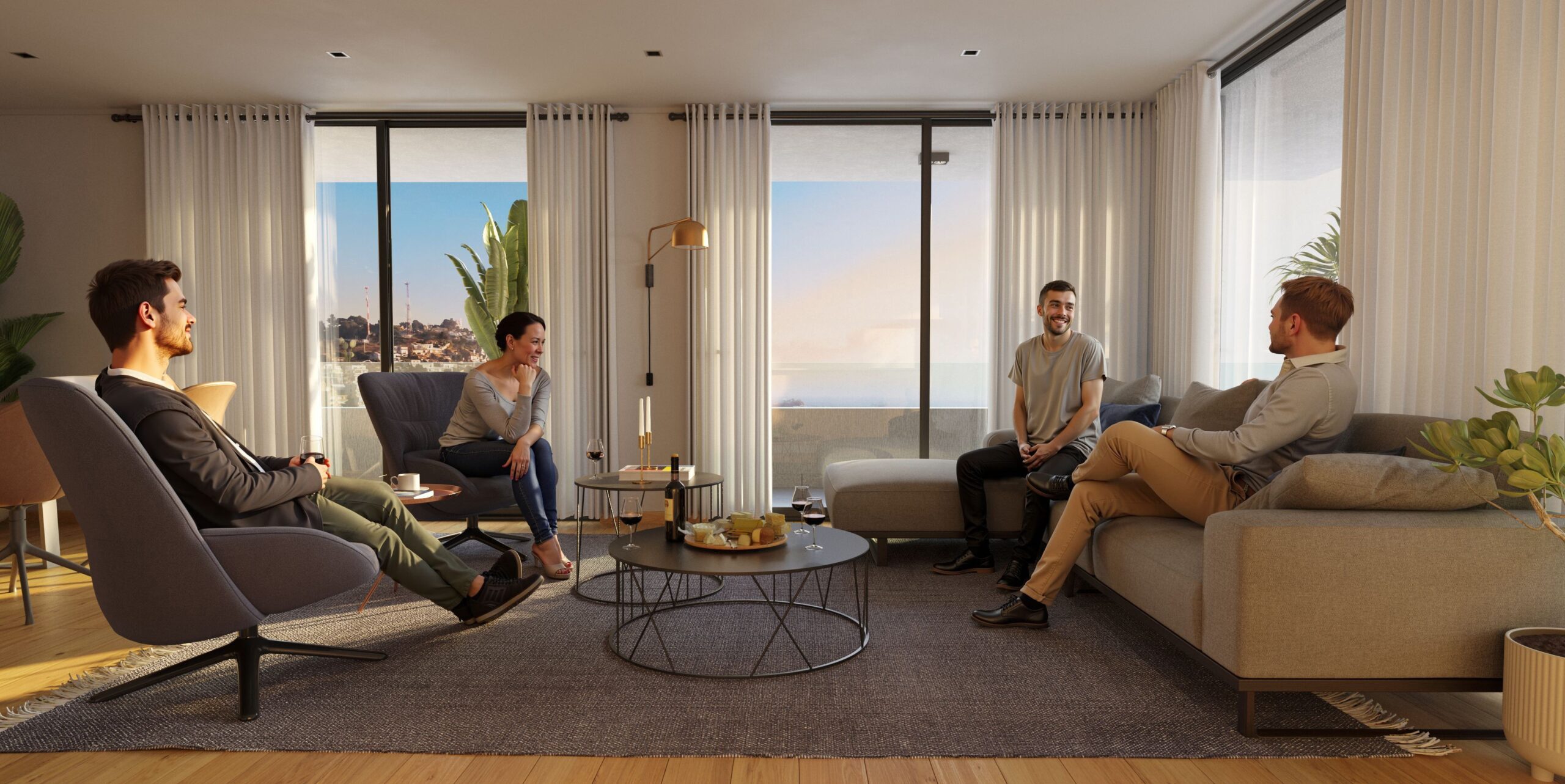 Render interior atardecer, living decorado y ambientado con personas 3d fotorealistas