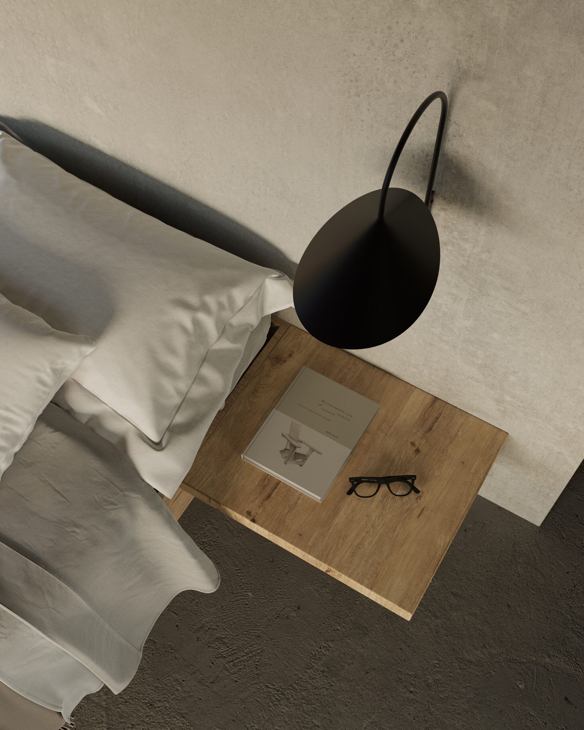 Render interior closeup de dormitorio decorado en tonos grises