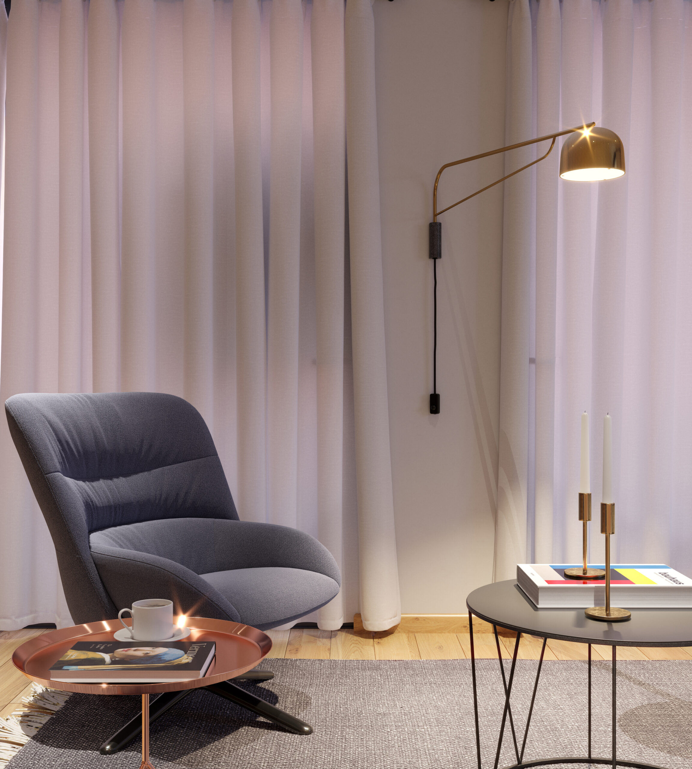 Render interior closeup de livingroom decorado y ambientado, iluminado en distintos horarios del dia. iluminacion de noche.