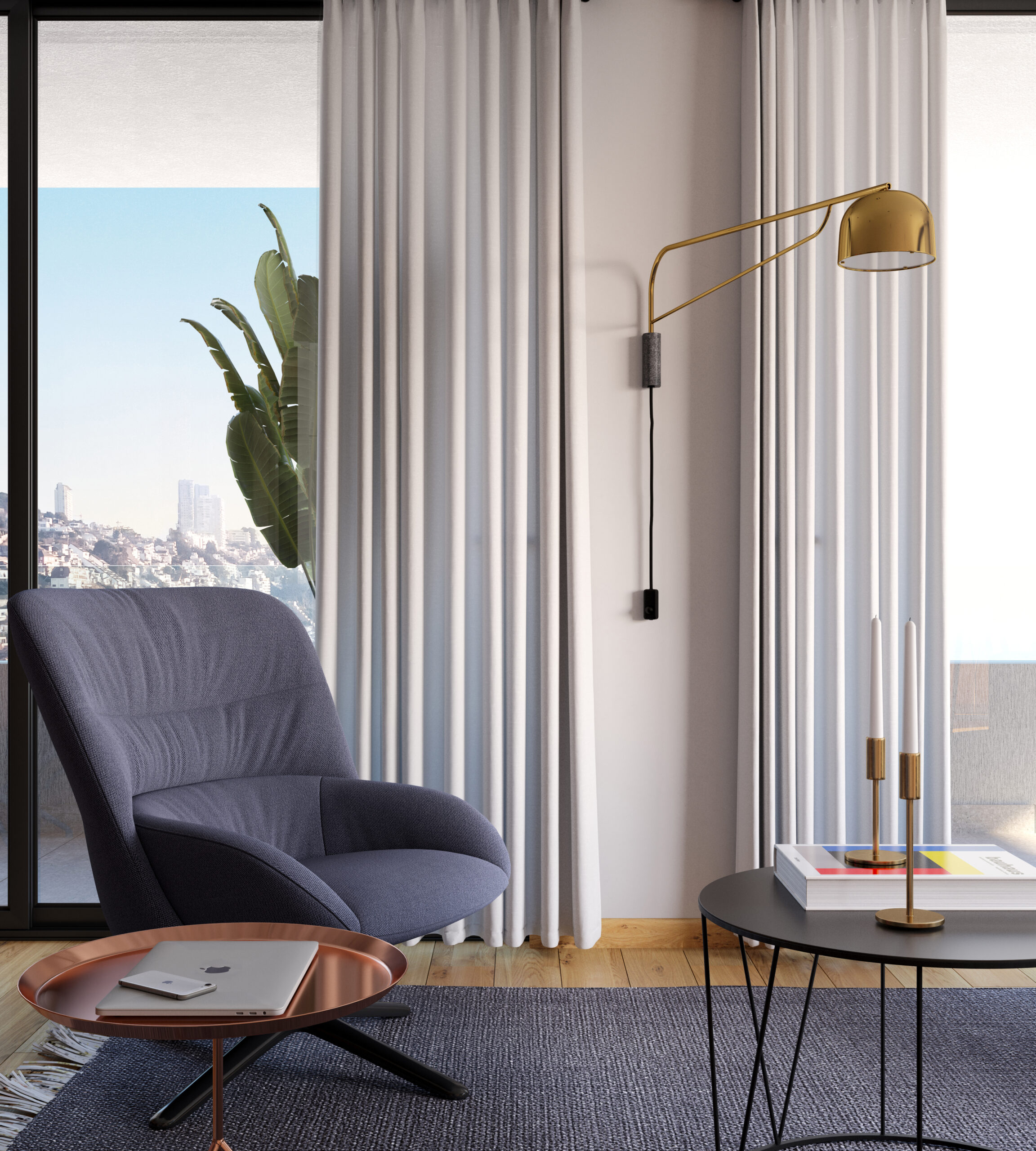 Render interior closeup de livingroom decorado y ambientado, iluminado en distintos horarios del dia. iluminacion de dia.