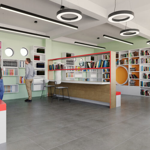 Render de biblioteca escolar con mesas de lectura, sillas y ventanas con luz natural.