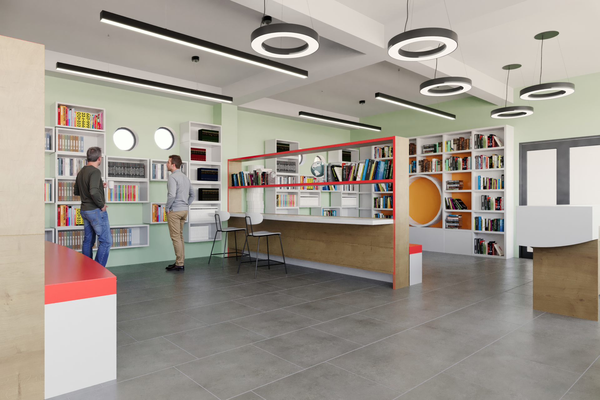 Render de biblioteca escolar con mesas de lectura, sillas y ventanas con luz natural.