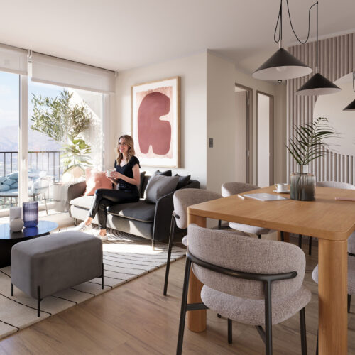 Render interior inmobiliario de living comedor moderno con personas, iluminación natural y mobiliario contemporáneo.