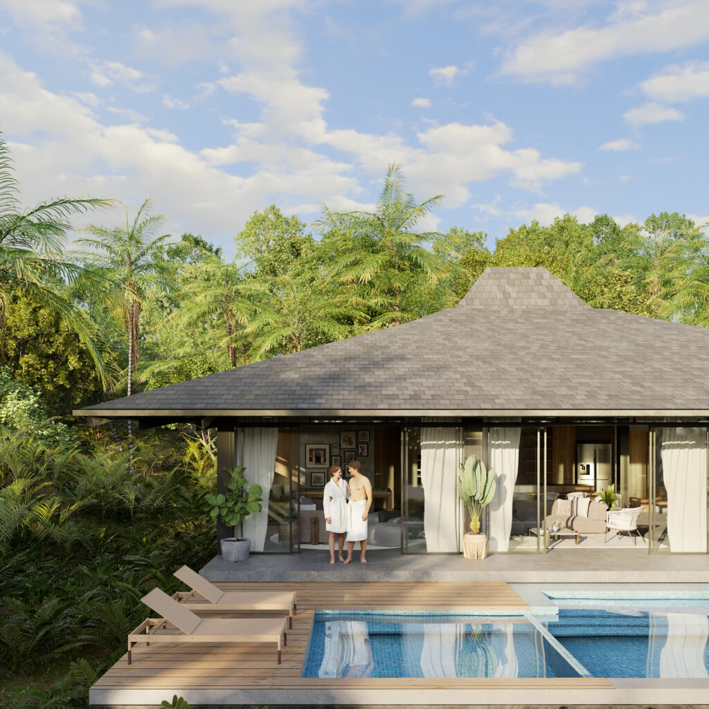 Render 3D de Joglo House mostrando la piscina y una pareja en batas de baño, rodeados de vegetación tropical al atardecer