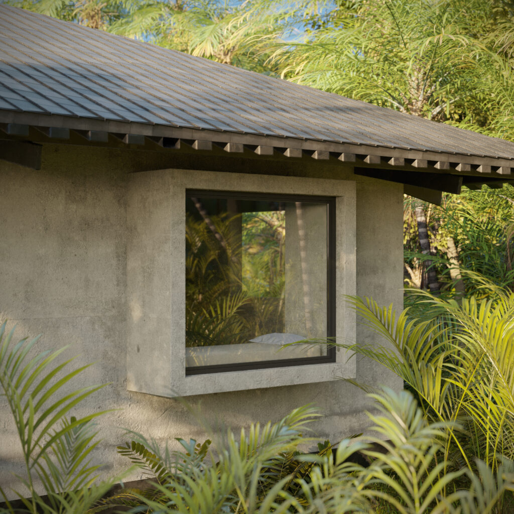 Primer plano de ventana cuadrada en fachada de Joglo House, rodeada de exuberante vegetación tropical y palmeras al atardecer