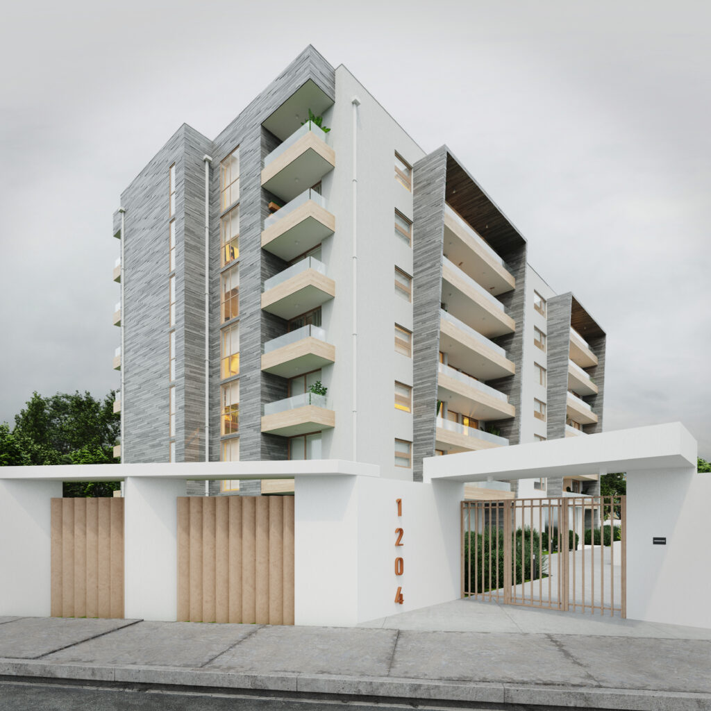 Render fotorrealista de Edificio Sienna, con acceso principal, fachada lateral y portón, bajo cielo nublado.