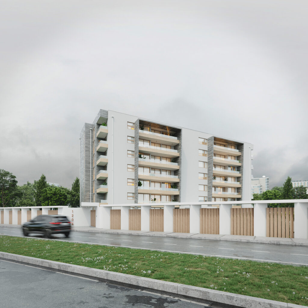 Render 3D de Edificio Sienna, vista frontal desde la calle con valla perimetral moderna y auto en movimiento.