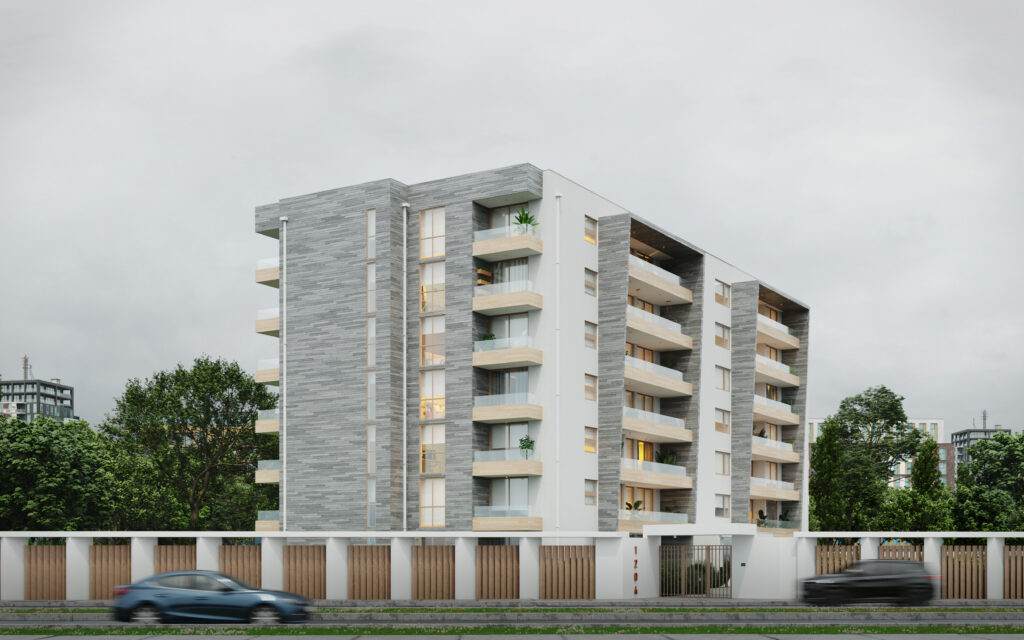 Render fotorrealista del Edificio Sienna, fachada principal con diseño moderno y balcones, bajo cielo nublado.